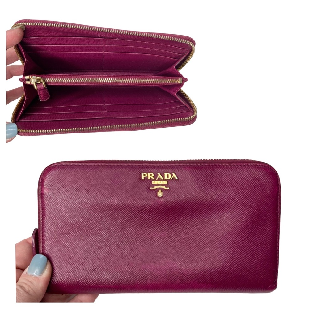 Authentic PRADA Raspberry Fuchsia Saffiano Leather & Gold Zippy Carryall Wallet